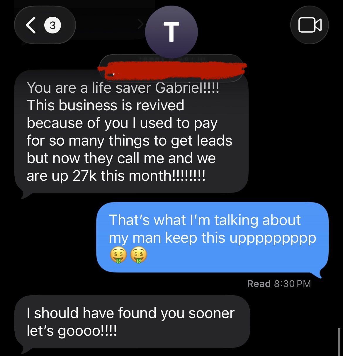 Client texting about being up 27k this month